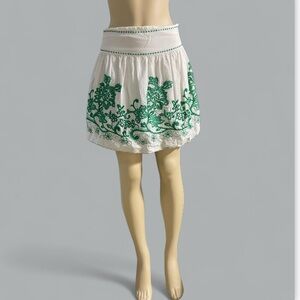 Green Embroidered Floral White Cotton Mini Skirt Medium Studio